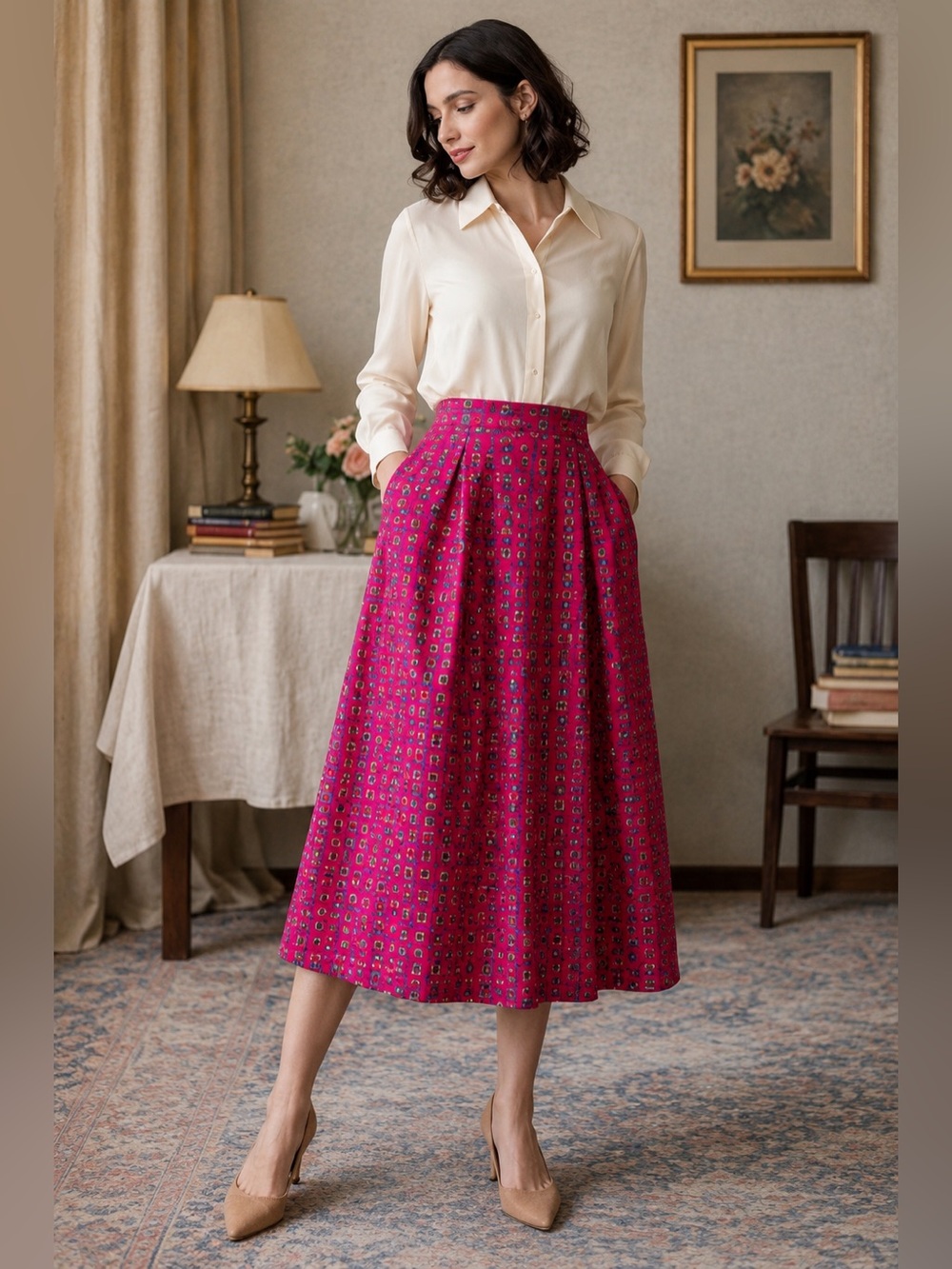 G. Hook 100% Silk Midi Skirt Pink Geometric Print A-Line Vintage Size 10